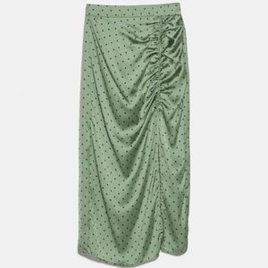Zara Polka Dot Skirt TRF Green Satin Navy Dots NWT